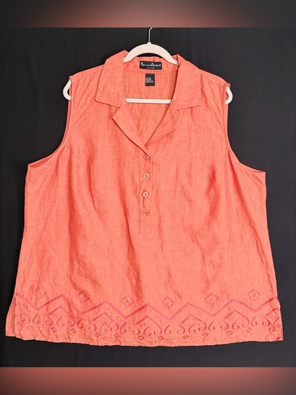 mercer & madison Top Sleeveless Coral Embroidered Linen Henley Collared Coastal